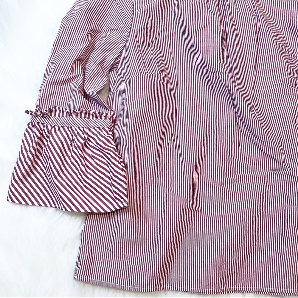 Talbots white/maroon stripe ruffle neck blouse SP - Picture 4 of 5